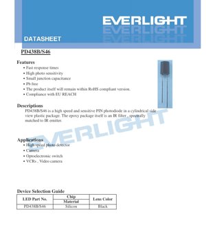 PDF Document Cover - PD438B/S46 Silicon PIN Photodiode Datasheet - 4.8mm Semi-Lens - Black Package - English Technical Document