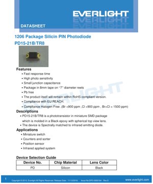 PDF Document Cover - PD15-21B/TR8 Silicon PIN Photodiode Datasheet - 1206 Package (1.6x0.8x0.55mm) - Spectral Range 730-1100nm - Peak 940nm - English Technical Document