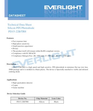 PDF Document Cover - PD15-22B/TR8 Silicon PIN Photodiode Datasheet - Package 3.5x4.0x1.65mm - Reverse Voltage 32V - Black Lens - English Technical Document