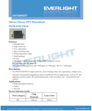 PDF Document Cover - PD70-01B/TR10 Silicon Planar PIN Photodiode Datasheet - 2.0x1.25x0.7mm - Reverse Voltage 32V - Peak Sensitivity 940nm - English Technical Document