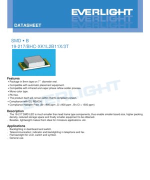 PDF Document Cover - SMD Blue LED 19-217 Datasheet - Package 2.0x1.25x0.8mm - Voltage 2.6-2.9V - Power 40mW - English Technical Documentation