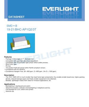 PDF Document Cover - SMD LED 19-21/BHC-AP1Q2/3T Datasheet - Blue - 2.0x1.25x0.8mm - 3.3V - 75mW - English Technical Document