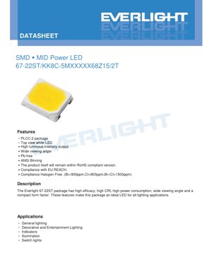 PDF Document Cover - SMD High Power LED 67-22ST Datasheet - PLCC-2 Package - 6.8V Max - 150mA - White LED - English Technical Document