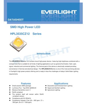 PDF Document Cover - HPL3535CZ12 Series SMD High Power LED Datasheet - 3.5x3.5mm Ceramic Package - 2.5-3.3V Forward Voltage - 350mA-1200mA Drive Current - White LED