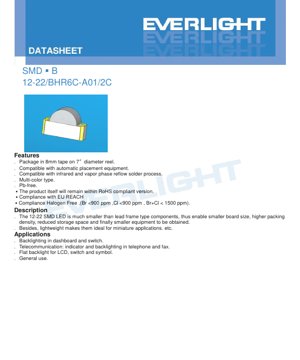 PDF Document Cover - SMD LED 12-22/BHR6C-A01/2C Datasheet - 1.2x2.2x1.1mm - Blue (2.7-3.1V) & Red (1.7-2.2V) - 40-60mW - English Technical Document