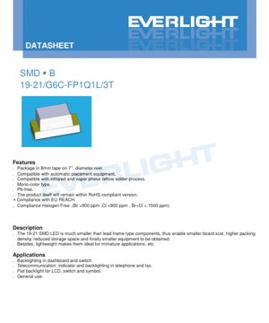 PDF Document Cover - SMD LED 19-21/G6C-FP1Q1L/3T Datasheet - Size 2.0x1.25x0.8mm - Voltage 1.7-2.3V - Power 60mW - Brilliant Yellow-Green - English Technical Document