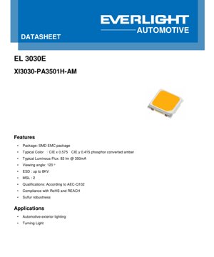 PDF Document Cover - XI3030-PA3501H-AM LED Datasheet - 3.0x3.0x?mm - 3.1V - 1.085W - Amber - English Technical Documentation