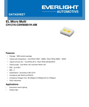 PDF Document Cover - CH1216-C8W80 LED Datasheet - 1.6x1.2mm SMD - 3.0V - 80mA - Cool/Warm White - English Technical Document