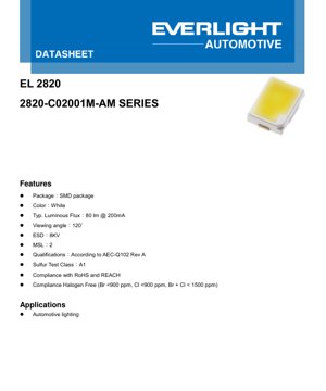 PDF Document Cover - 2820-C02001M-AM Series LED Datasheet - SMD Package - White Color - 80lm @ 200mA - 3.0V - 120° Viewing Angle - English Technical Document