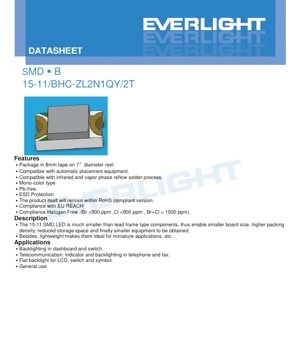 PDF Document Cover - SMD LED 15-11/BHC-ZL2N1QY/2T Datasheet - Blue - 1.6x0.8x0.6mm - 3.2V - 40mW - English Technical Document