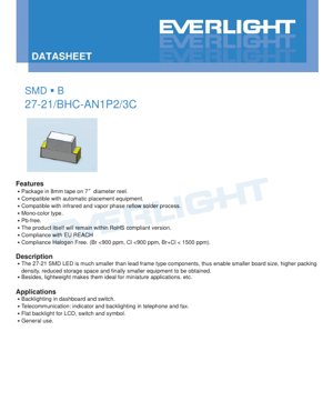 PDF Document Cover - SMD LED 27-21 Blue Datasheet - Dimensions 2.7x2.1x1.2mm - Voltage 3.3V - Power 0.095W - English Technical Document