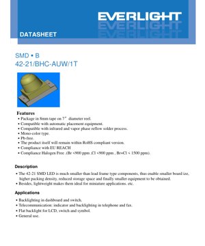 PDF Document Cover - SMD LED 42-21/BHC-AUW/1T Specification - Blue - 2.1x2.1x1.2mm - 3.3V - 20mA - English Technical Document