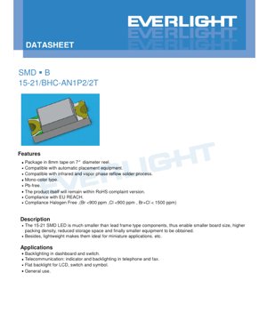 PDF Document Cover - SMD LED 15-21/BHC-AN1P2/2T Datasheet - Blue - 2.0x1.25x0.8mm - 3.3V - 20mA - English Technical Document