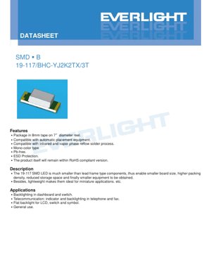 PDF Document Cover - SMD LED 19-117 Blue Datasheet - Size 1.6x0.8x0.6mm - Voltage 2.6-3.0V - Power 40mW - English Technical Document