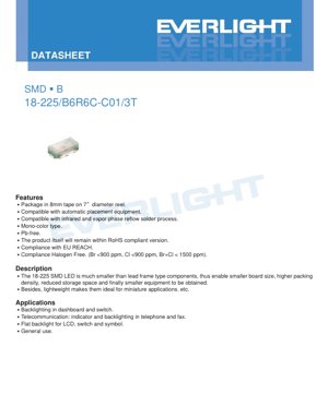 PDF Document Cover - SMD LED 18-225/B6R6C-C01/3T Datasheet - Size 1.6x0.8x0.7mm - Voltage 2.0-3.3V - Power 60-150mW - Blue & Red - English Technical Document