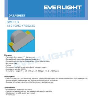 PDF Document Cover - SMD LED 12-21/GHC-YR2S2/2C Specification - Brilliant Green - 3.5V - 20mA - English Technical Document