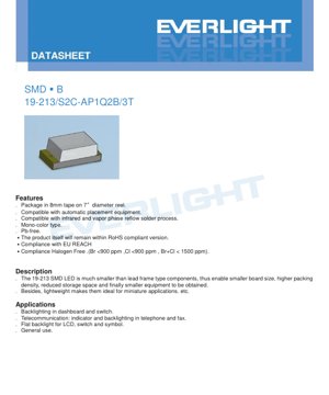 PDF Document Cover - SMD LED 19-213/S2C-AP1Q2B/3T Datasheet - Brilliant Orange - 2.0x1.25x0.8mm - Forward Voltage 1.75-2.35V - Power 60mW - English Technical Document