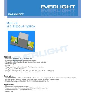 PDF Document Cover - SMD LED 23-21B Brilliant Orange Datasheet - Package 2.0x1.25x0.8mm - Voltage 1.75-2.35V - Power 60mW - English Technical Document