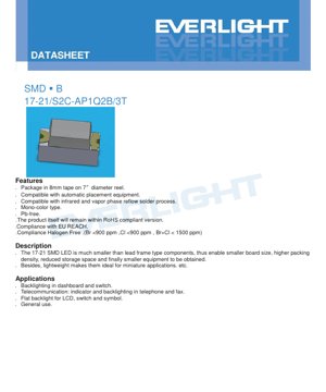 PDF Document Cover - SMD LED 17-21 Brilliant Orange Datasheet - Package 2.0x1.25x0.8mm - Voltage 1.75-2.35V - Power 60mW - English Technical Document