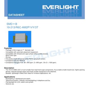 PDF Document Cover - SMD LED 19-213/R6C-AM2P1VY/3T Datasheet - Brilliant Red - 5mA - 2.2V - English Technical Document