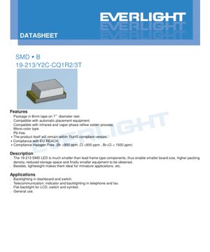 PDF Document Cover - SMD LED 19-213/Y2C-CQ1 R2/3T Datasheet - Brilliant Yellow - 20mA - 2.2V Typ - English Technical Document