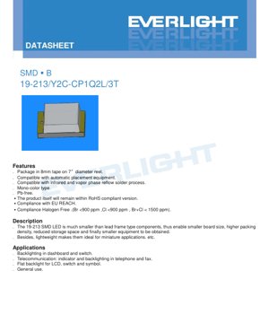 PDF Document Cover - SMD LED 19-213 Brilliant Yellow Datasheet - Package 2.0x1.25x0.8mm - Voltage 1.7-2.3V - Power 60mW - English Technical Document