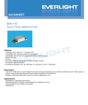 PDF Document Cover - SMD LED 19-217 Brilliant Yellow Datasheet - Package Dimensions - Forward Voltage 1.7-2.2V - Luminous Intensity 18-36mcd - English Technical Document
