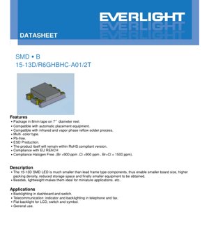 PDF Document Cover - SMD LED 15-13D/R6GHBHC-A01/2T Datasheet - 1.5x1.3x0.8mm - 2.0-3.7V - 20-25mA - Red/Green/Blue - English Technical Document
