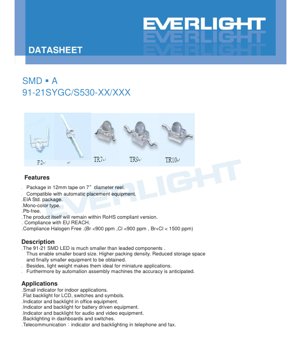 PDF Document Cover - SMD LED 91-21SYGC/S530-XX/XXX Datasheet - 2.0x1.25x1.1mm - 2.0V - 40mW - Brilliant Yellow Green - English Technical Document