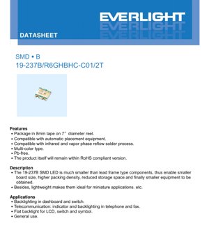 PDF Document Cover - SMD LED 19-237B Series Datasheet - Package 2.0x1.6x0.9mm - Voltage 1.7-3.3V - Multi-Color - English Technical Documentation