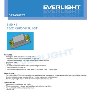 PDF Document Cover - SMD LED 15-21/GHC-YR2U1/3T Datasheet - 2.0x1.25x0.8mm - 3.3V - 95mW - Brilliant Green - English Technical Document