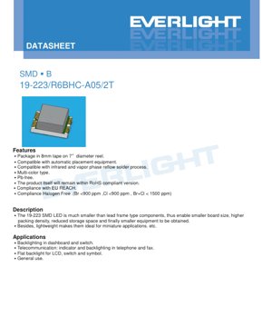 PDF Document Cover - SMD LED 19-223/R6BHC-A05/2T Datasheet - Multi-Color - Red & Blue - 2.0V/3.3V - 60mW/75mW - English Technical Document