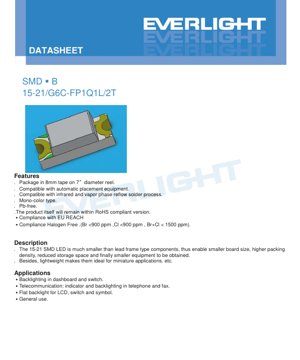 PDF Document Cover - SMD LED 15-21/G6C-FP1Q1L/2T Specification - 1.6x0.8x0.6mm - 2.0V Typ - 25mA - Brilliant Yellow Green - English Technical Document