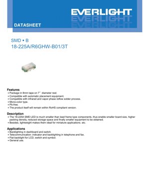 PDF Document Cover - SMD LED 18-225A/R6GHW-B01/3T Datasheet - Package 3.2x1.6x1.3mm - Voltage 2.0V/3.3V - Brilliant Red/Green - English Technical Document
