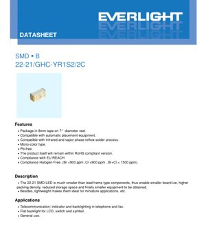 PDF Document Cover - SMD LED 22-21/GHC-YR1S2/2C Datasheet - Brilliant Green - 2.2x2.1mm - 3.3V - 20mA - English Technical Document
