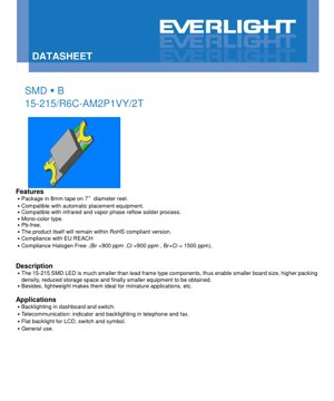 PDF Document Cover - SMD LED 15-215/R6C-AM2P1VY/2T Datasheet - Brilliant Red - 2.0x1.25x0.8mm - 2.2V Max - 60mW - English Technical Documentation