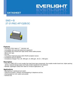 PDF Document Cover - SMD LED 27-21 Brilliant Red Datasheet - Package Dimensions - Forward Voltage 1.75-2.35V - Luminous Intensity 45-112mcd - English Technical Document