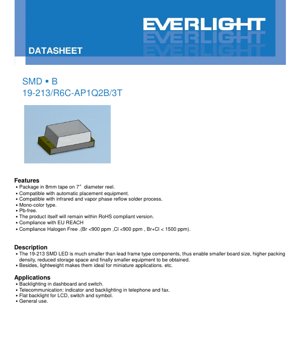 PDF Document Cover - SMD LED 19-213/R6C-AP1Q2B/3T Datasheet - Brilliant Red - 20mA - 2.35V - English Technical Document