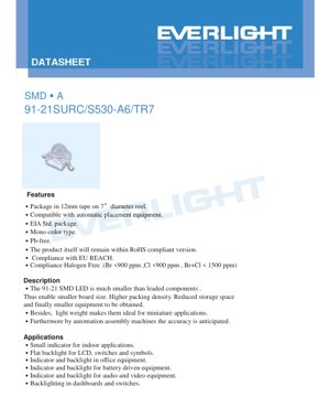 PDF Document Cover - SMD LED 91-21SURC/S530-A6/TR7 Datasheet - 2.0x1.25x1.1mm - 2.0V - 60mW - Brilliant Red - English Technical Document