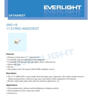 PDF Document Cover - SMD LED 17-21/R6C-AN2Q1B/3T Datasheet - Brilliant Red - 20mA - 2.35V Max - English Technical Document