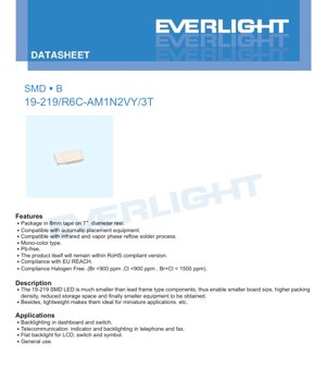 PDF Document Cover - SMD LED 19-219/R6C-AM1N2VY/3T Datasheet - Size 1.6x0.8x0.65mm - Voltage 1.7-2.2V - Brilliant Red - English Technical Document