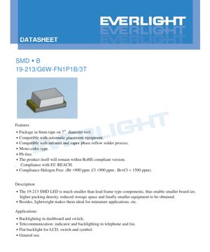PDF Document Cover - SMD LED 19-213/G6W-FN1P1B/3T Datasheet - Brilliant Yellow Green - 2.0x1.25x1.1mm - 2.35V Max - 60mW - English Technical Document