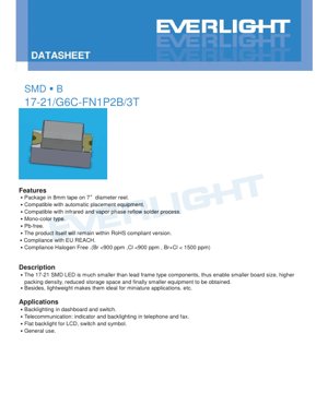 PDF Document Cover - SMD LED 17-21/G6C-FN1P2B/3T Datasheet - Size 1.6x0.8x0.6mm - Voltage 1.75-2.35V - Color Brilliant Yellow Green - English Technical Document