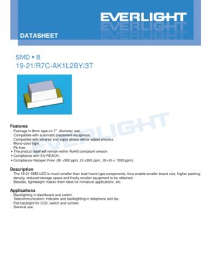 PDF Document Cover - SMD LED 19-21 Dark Red Datasheet - Dimensions 2.0x1.25x0.8mm - Voltage 1.75-2.35V - Power 60mW - English Technical Documentation
