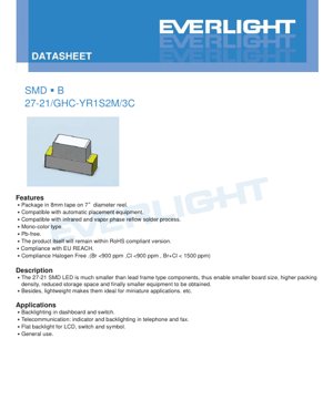 PDF Document Cover - SMD LED 27-21/GHC-YR1S2M/3C Datasheet - 2.0x1.25x0.8mm - 3.95V Max - 95mW - Brilliant Green - English Technical Document