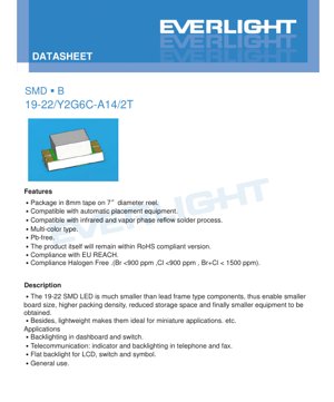 PDF Document Cover - SMD LED 19-22/Y2G6C-A14/2T Specification - 2.0x1.6x0.8mm - 2.0V - 60mW - Brilliant Yellow/Yellow-Green - English Technical Document