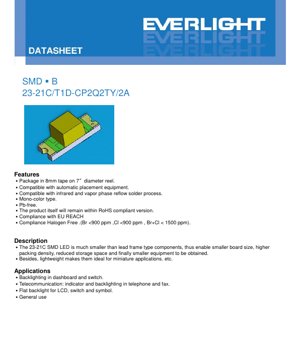 PDF Document Cover - SMD LED 23-21C/T1D-CP2Q2TY/2A Datasheet - Package Dimensions - Forward Voltage 2.6-3.0V - Luminous Intensity 57-112mcd - Pure White - English Technical Document