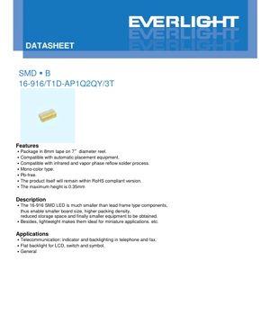 PDF Document Cover - SMD LED 16-916/T1D-AP1Q2QY/3T Datasheet - Package 1.6x0.8x0.35mm - Voltage 2.7-3.2V - White Color - English Technical Document