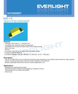 PDF Document Cover - SMD LED 19-217/T7D-CT2V1N/3T Datasheet - Package 2.0x1.25x0.8mm - Voltage 2.7-3.7V - Power 110mW - Pure White - English Technical Document