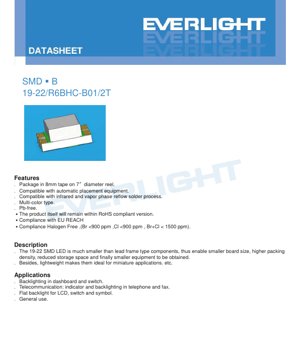 PDF Document Cover - SMD LED 19-22/R6 BHC-B01/2T Datasheet - Package 2.0x1.25x0.8mm - Voltage 1.7-3.25V - Power 40-60mW - Red/Blue - English Technical Document